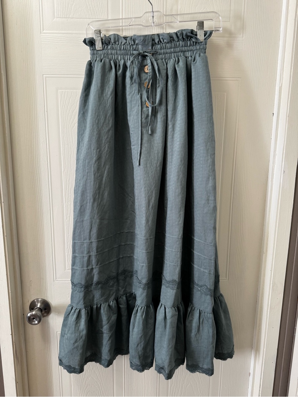 Sage Green Tiered Maxi Skirt with Ruffle Waist and Buttons